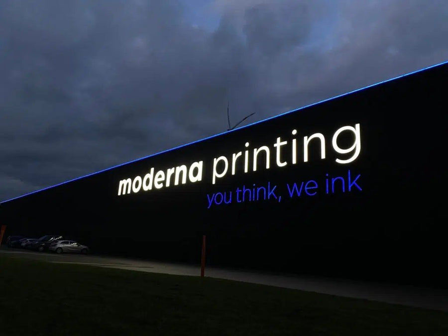 Projektas: Moderna Printing – LED hermetiniai šviestuvai, DMX fasado apšvietimas ir LED reklaminės raidės