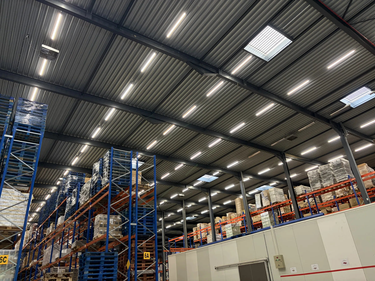 Linear LED lighting in a pallet racking warehouse