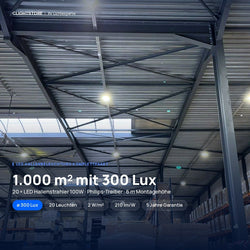 LED High Bay Komplektācija – 1.000 m² pie 300 luksiem, 6 m griesti
