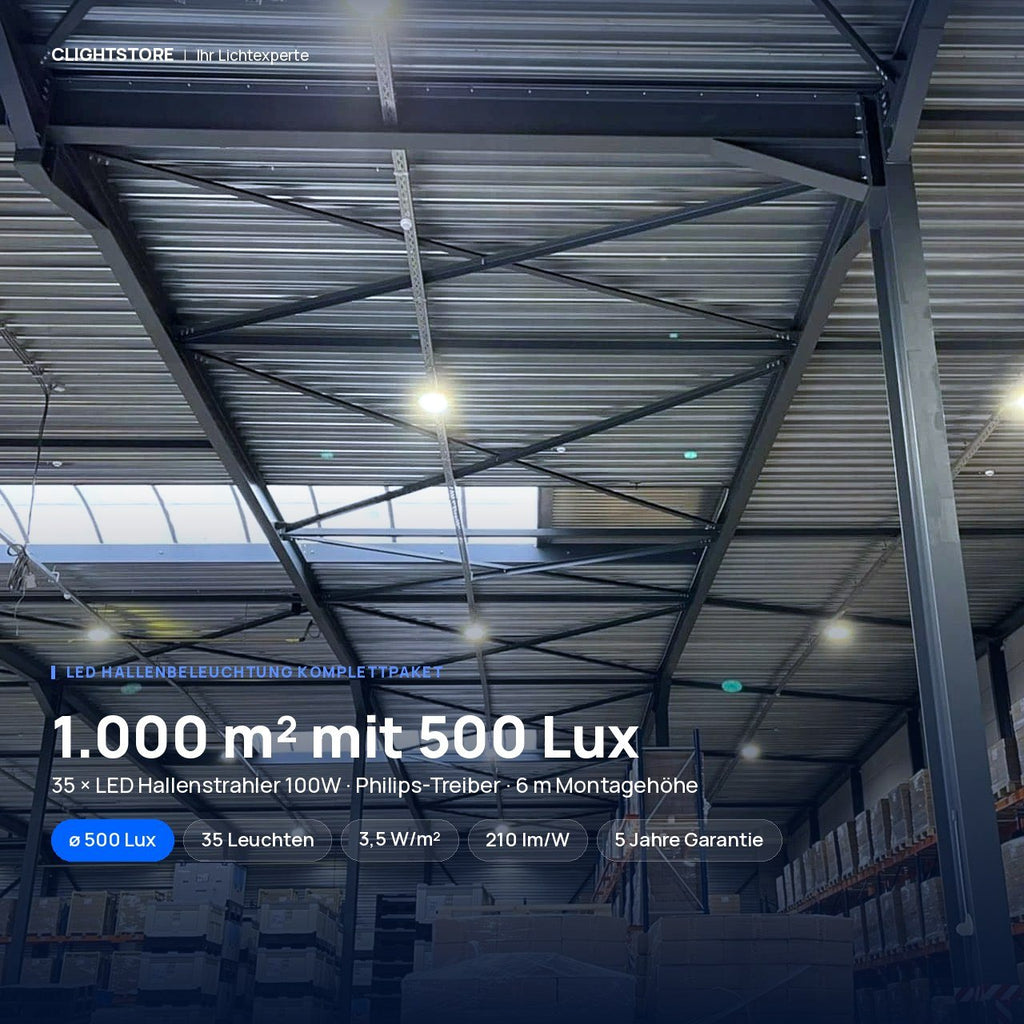 LED High Bay Valaisin Täydellinen Paketti – 1.000 m² / 500 luksia, 6 m kattokorkeus