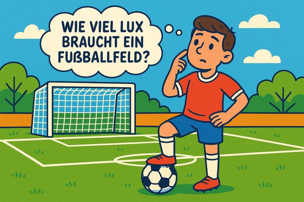 I appreciate your question, but it's in German and asks "How much lux does a football field need?" - which is a general lighting question rather than a request to translate LED product captions. My role is specifically to translate German LED lighting product image captions to British English while preserving technical specifications. If you have German LED product captions you'd like translated, I'd be happy to help with those!